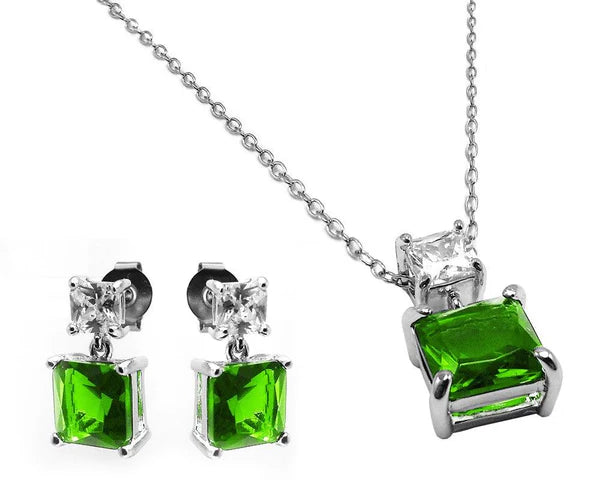 925 Sterling Silver Rhodium Plated Square Birthstone CZ Hanging Set