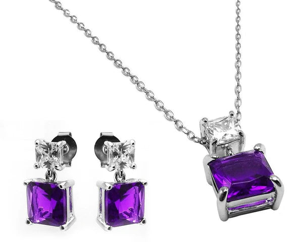 925 Sterling Silver Rhodium Plated Square Birthstone CZ Hanging Set