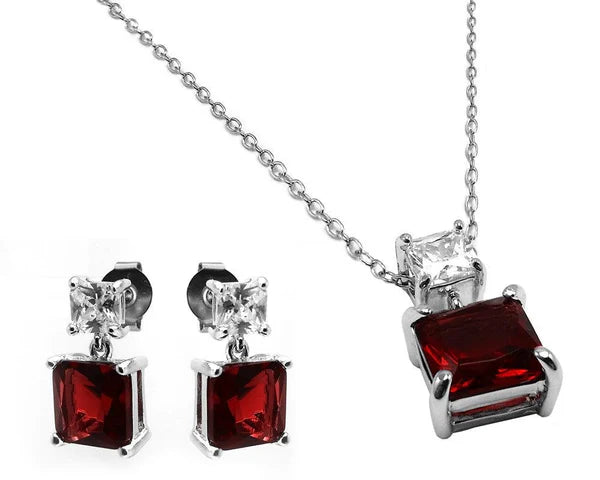 925 Sterling Silver Rhodium Plated Square Birthstone CZ Hanging Set