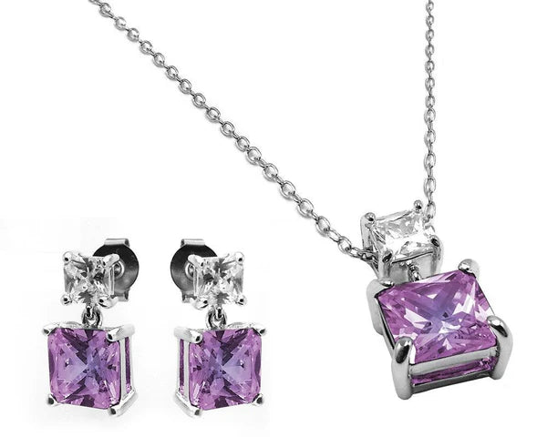 925 Sterling Silver Rhodium Plated Square Birthstone CZ Hanging Set