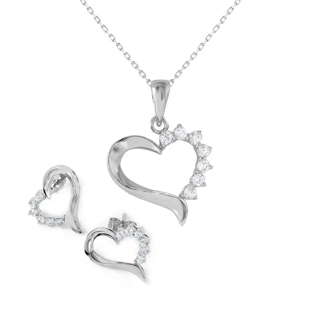 925 sterling Silver Rhodium Plated Heart CZ Set