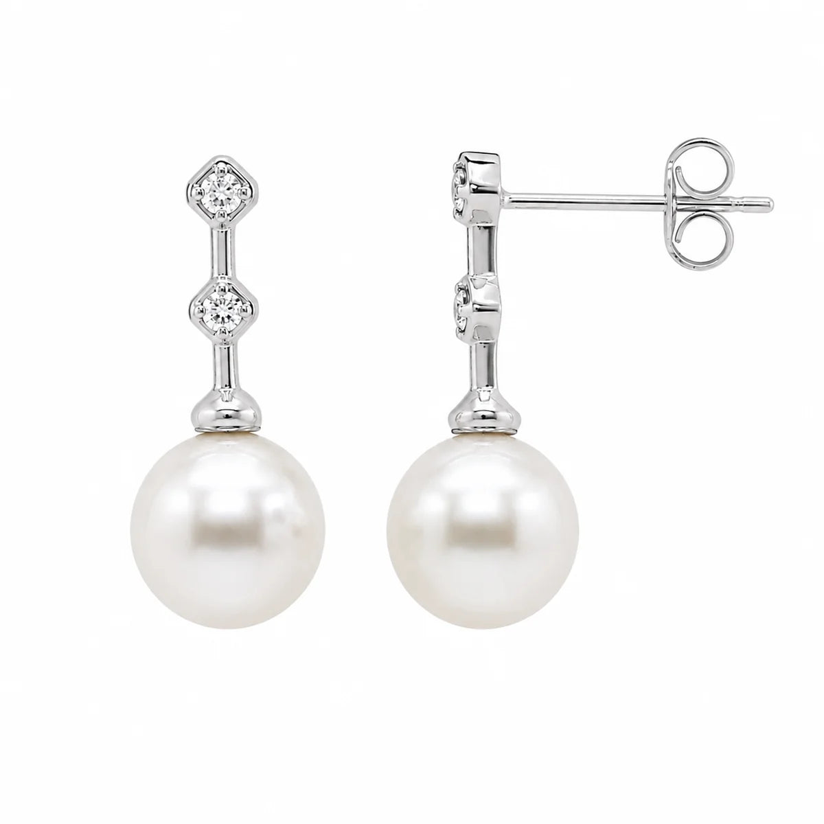 925 Sterling Silver Final Price- Rhodium Plated Pearl Drop & Clear CZ Hanging Stud Earring and Necklace Set