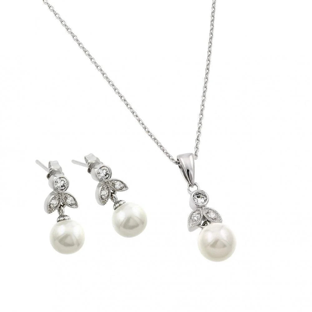 925 Silver Rhodium Plated Pearl Flower Set