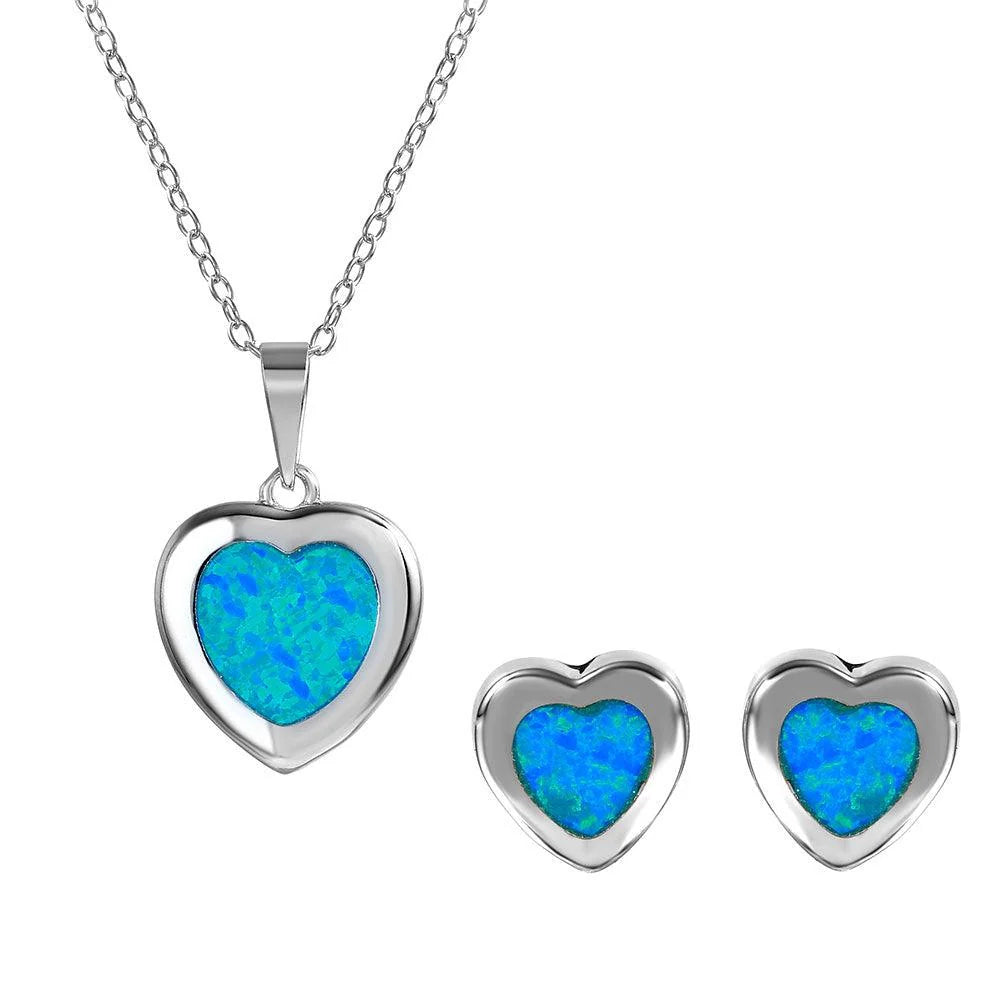 925 Silver Rhodium Plated Heart Set with Blue Synthetic Opal