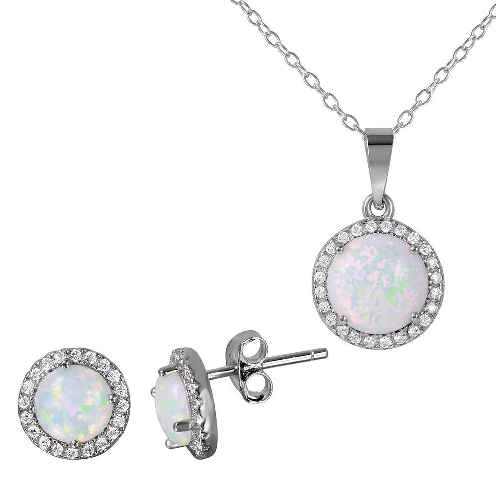 925 Sterling Silver Rhodium Plated Halo Set with Synthetic Opal and CZ
