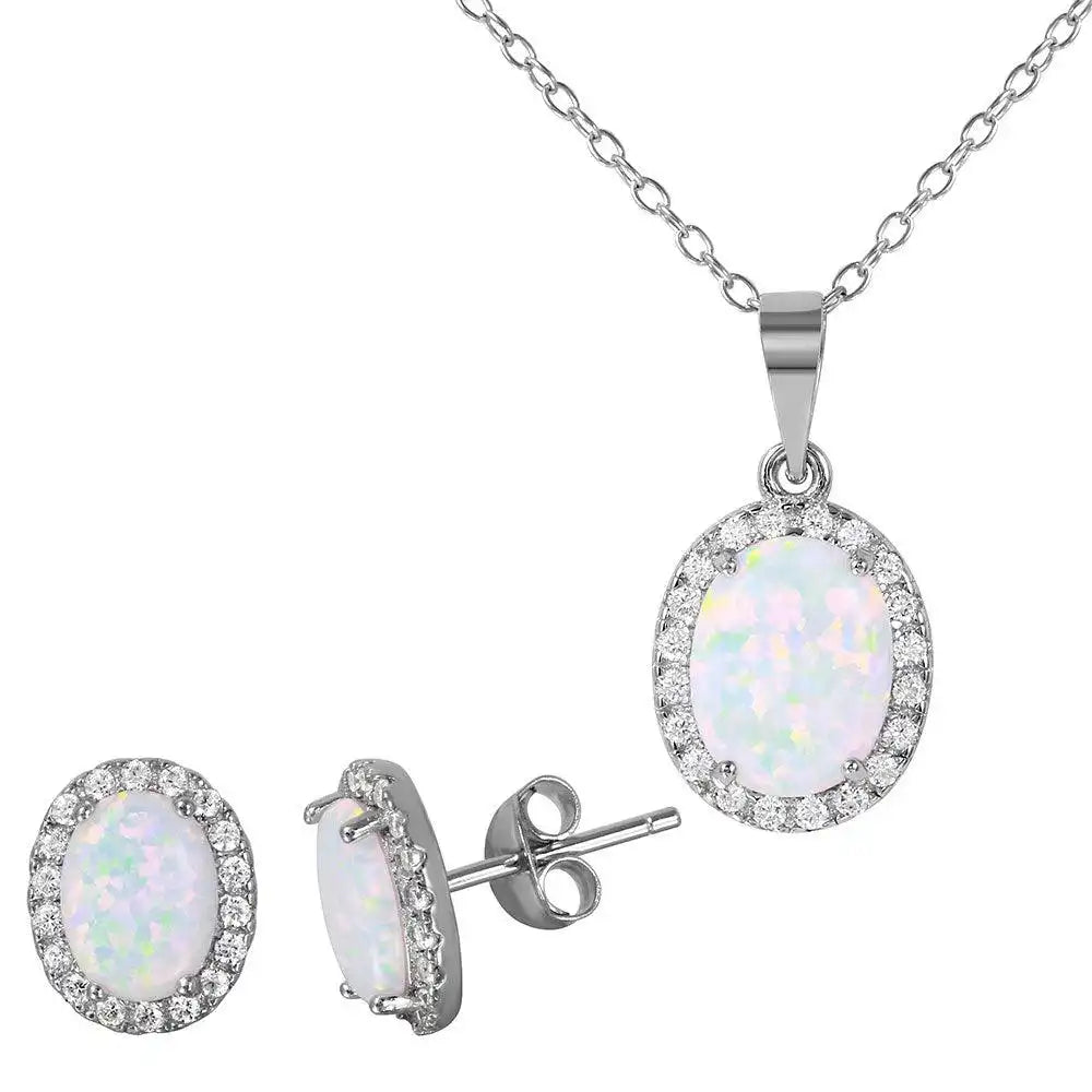 925 Sterling Silver Rhodium Plated Oval Halo Set with Synthetic Opal and CZ