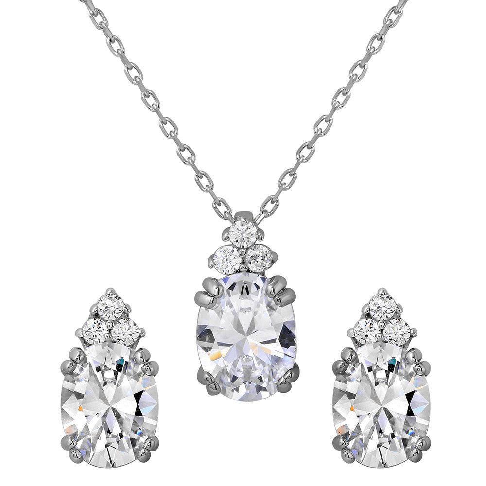 925 Silver Rhodium Plated Oval CZ Earrings and Necklace Set