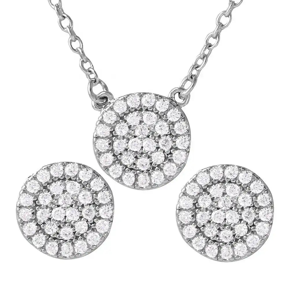 925 Sterling Silver Rhodium Plated CZ Encrusted Round Earrings and Necklace Set