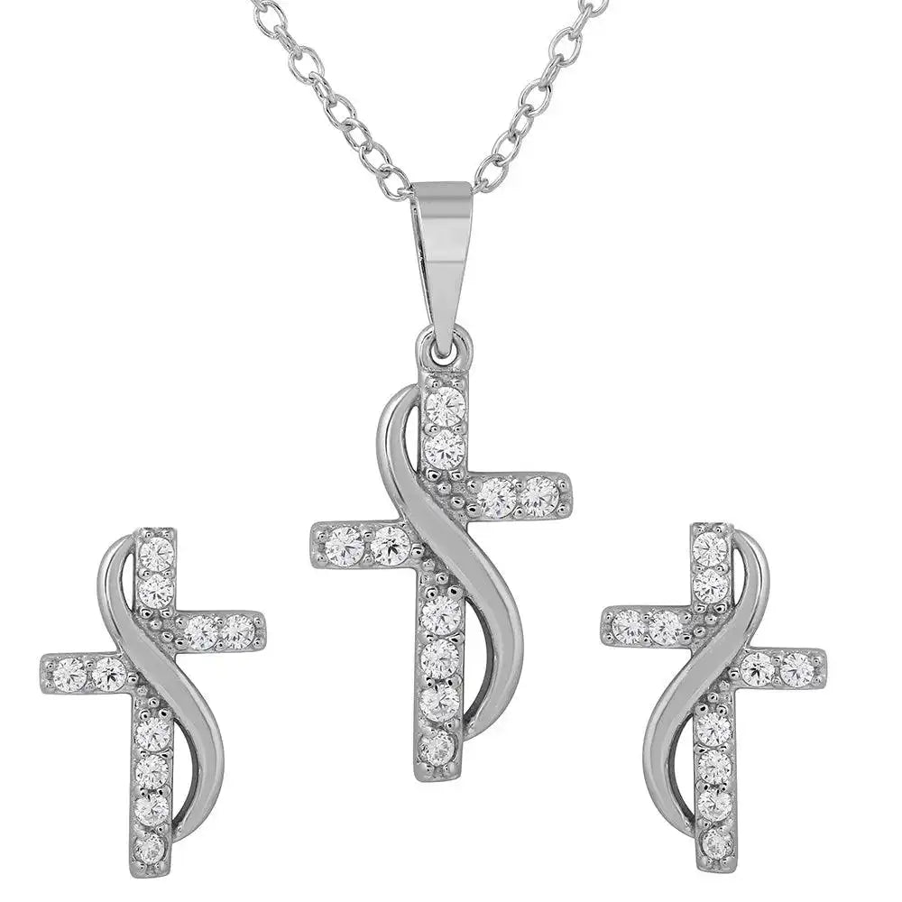 925 Sterling Silver Rhodium Plated CZ Cross With Sash Earrings And Necklace Set