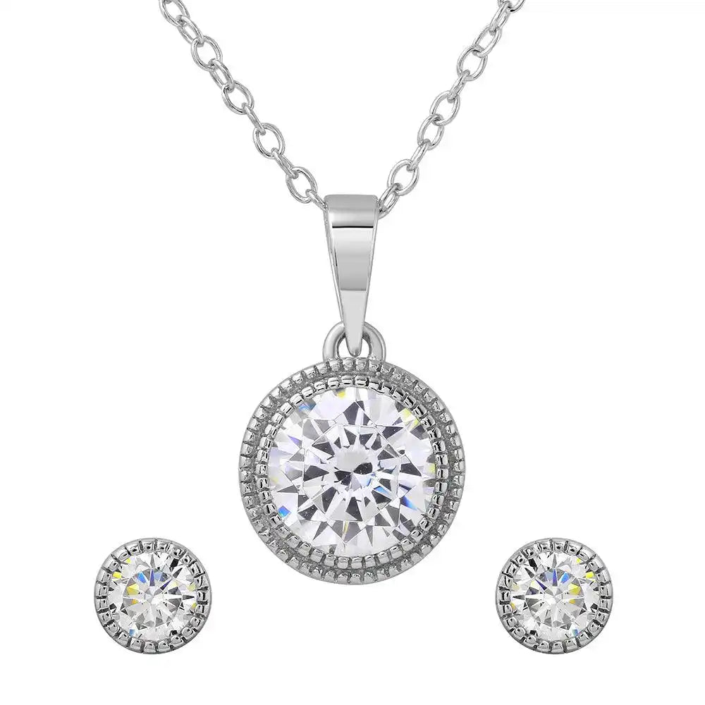 925 Sterling Silver Rhodium Plated Round CZ Earring and Necklace Set