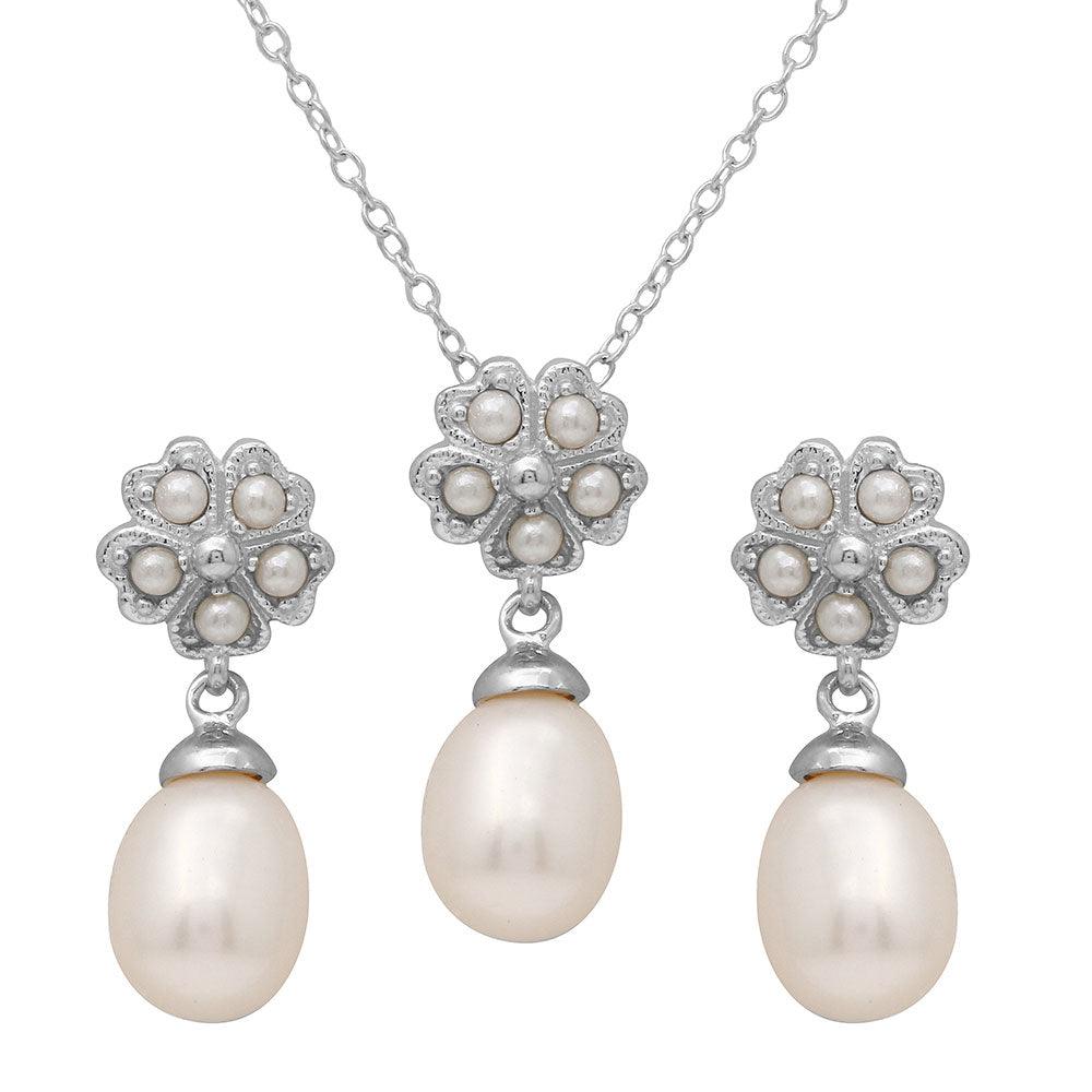925 Sterling Silver Rhodium Plated Clover Leaf Fresh Water Pearl Set