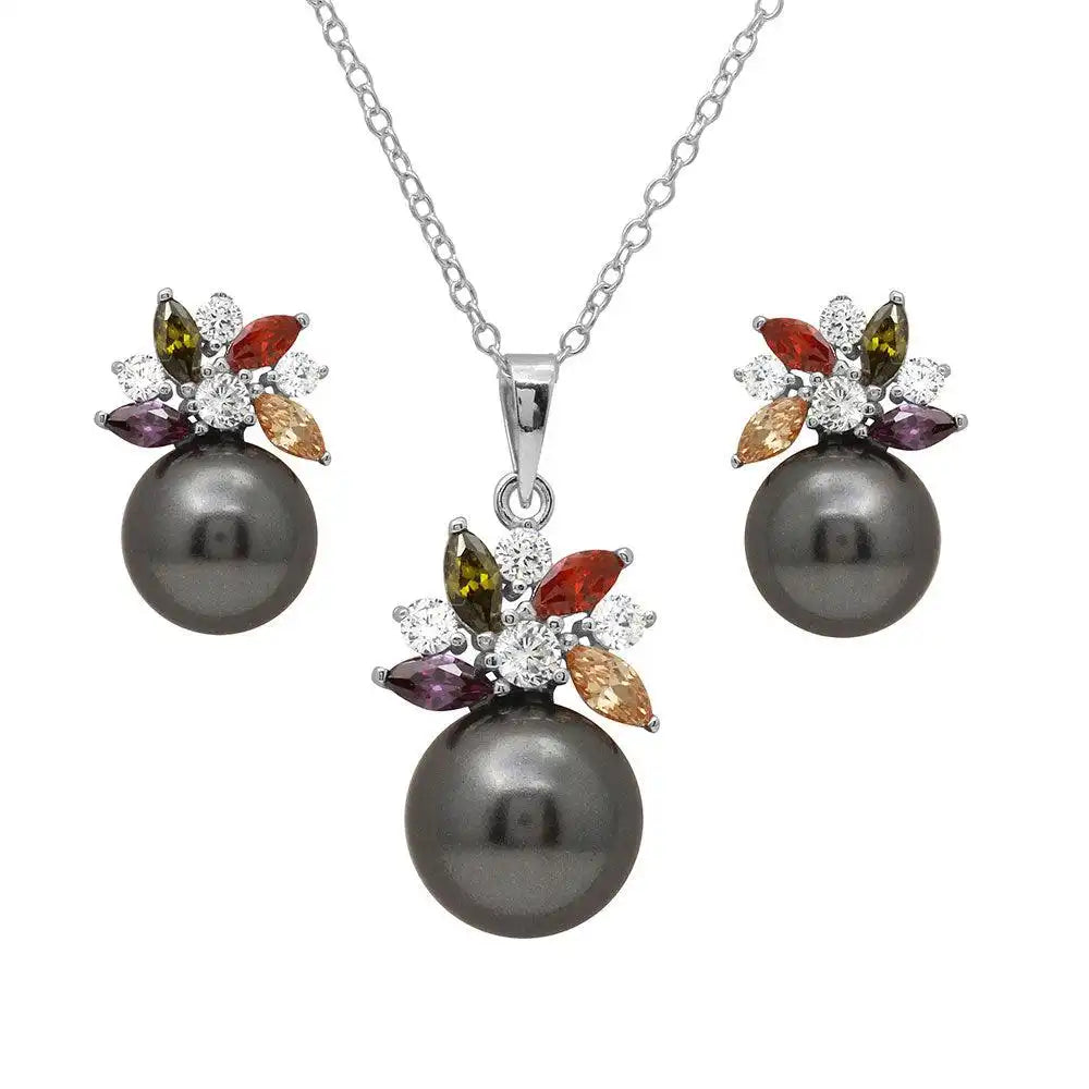 925 Sterling Silver Rhodium Plated Multi CZ Flower Set with Synthetic Black Pearl