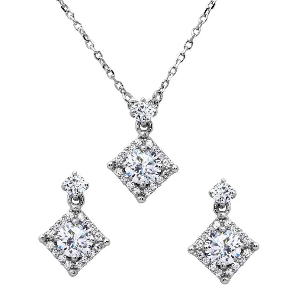925 Sterling Silver Rhodium Plated Diamond Shape Halo CZ Set
