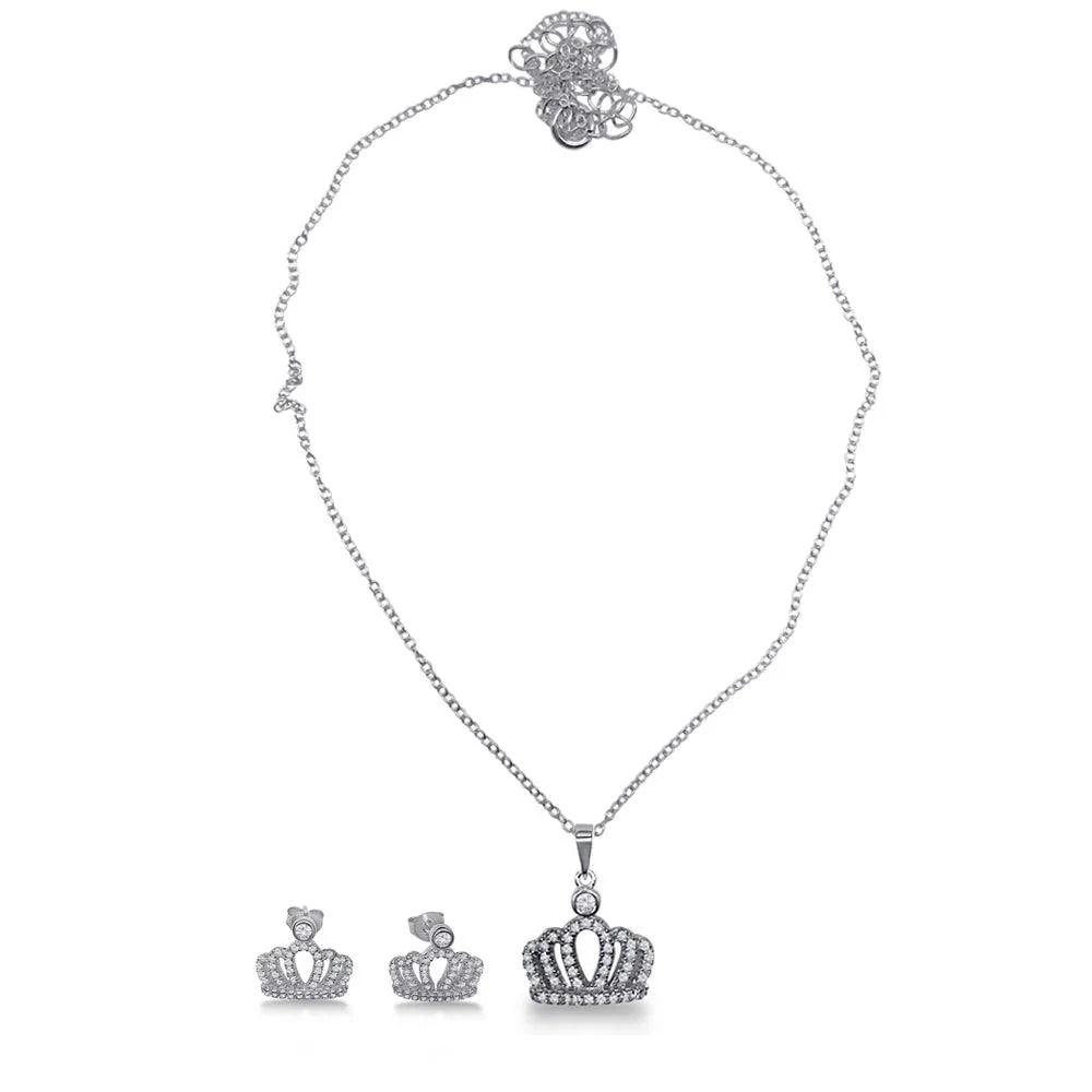 925 Sterling Silver Rhodium Plated Crown Necklace and Earrings Set with CZ
