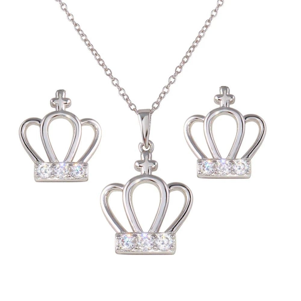925 Sterling Silver Rhodium Plated Crown Earrings and Necklace Set with CZ