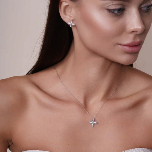 925 Sterling Silver Rhodium Plated Four Petal Flower Necklace and Earrings Set