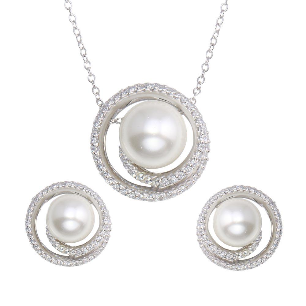 925 Sterling Silver Rhodium Plated Spiral CZ With Synthetic Center Pearl Set