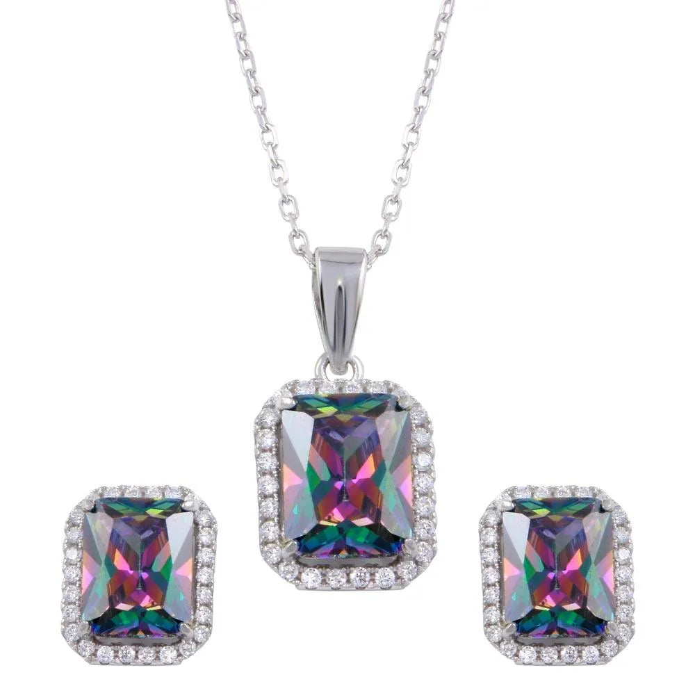 925 Sterling Silver Rhodium Plated Halo Rectangle Synthetic Mystic Topaz CZ Set