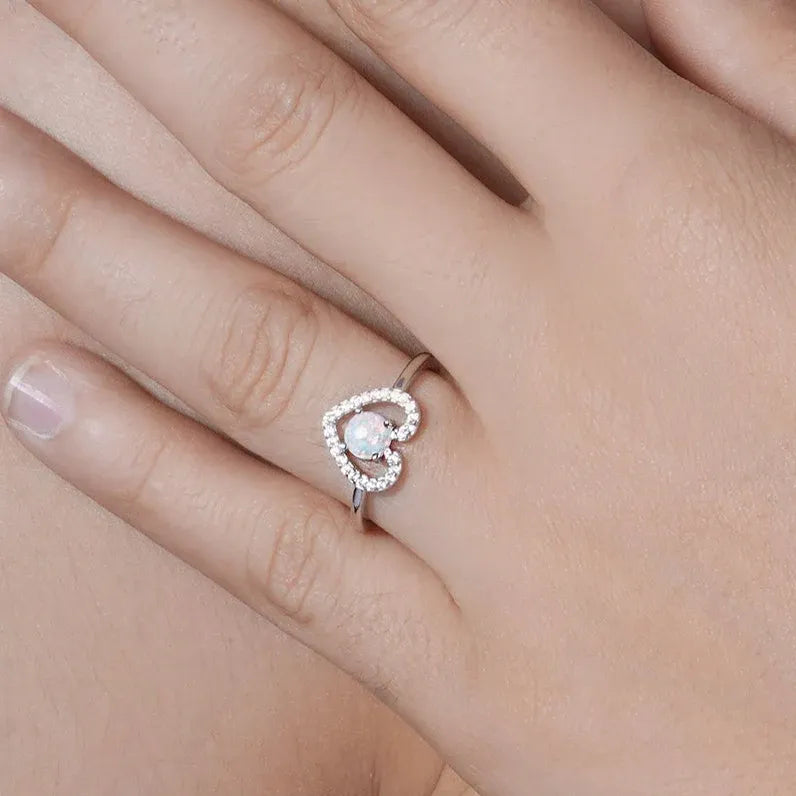 925 Sterling Silver Rhodium Plated Heart Synthetic Opal Center CZ Ring