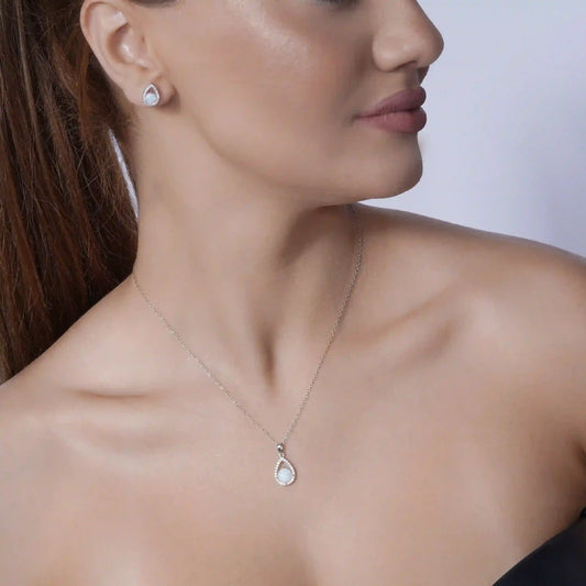 925 Sterling Silver Rhodium Plated Synthetic Opal Open Teardrop CZ Set