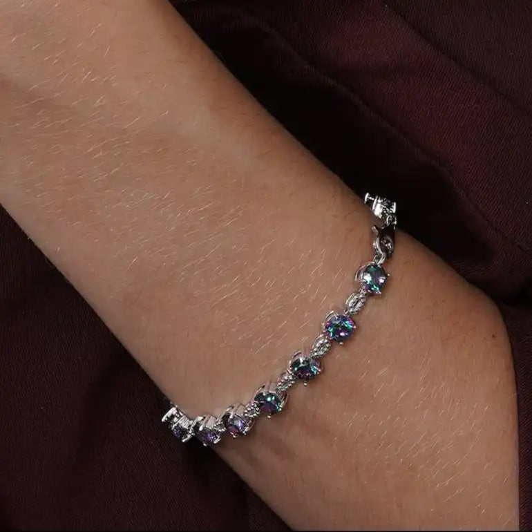 925 Sterling Silver Rhodium Plated Synthetic Mystic Topaz Link Tennis Bracelet