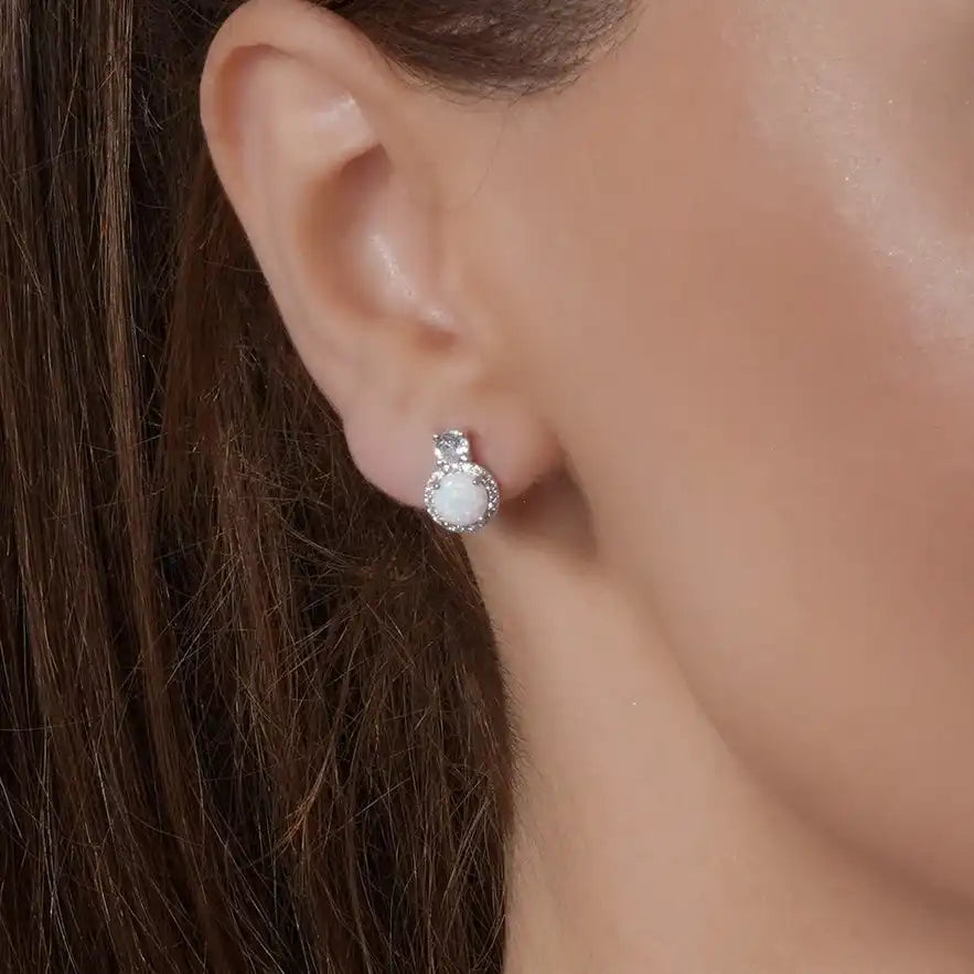925 Sterling Silver Rhodium Plated Round Synthetic Opal Halo Set with CZ