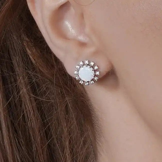 925 Sterling Silver Rhodium Plated Flower Synthetic Opal Halo Set with CZ