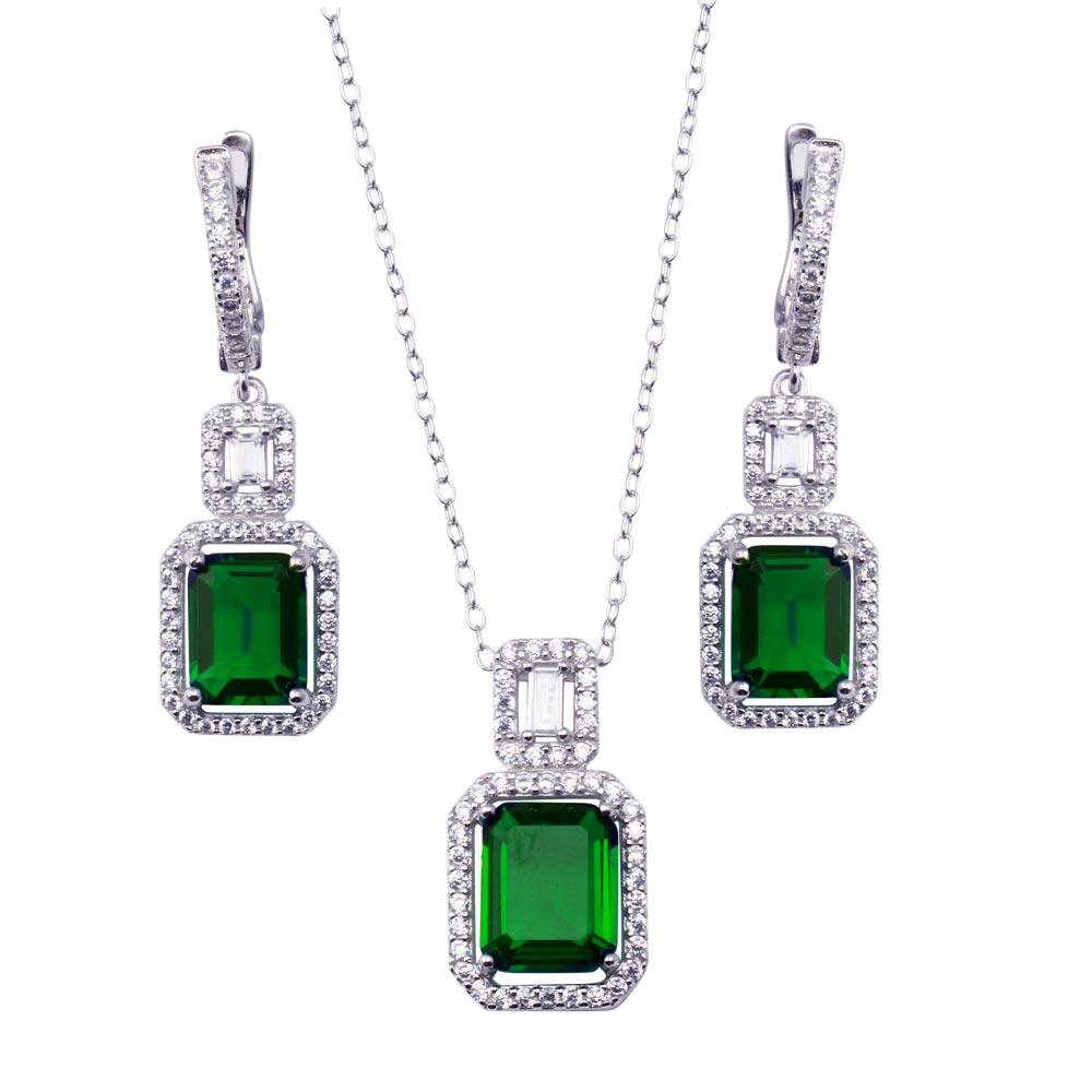 925 Sterling Silver Rhodium Plated Square Emerald Center CZ Stone Set