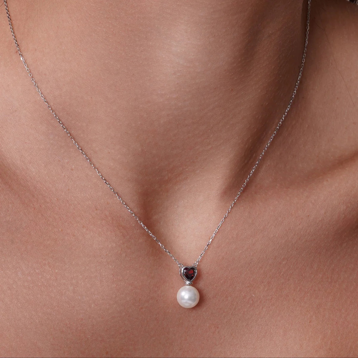 925 Sterling Silver Rhodium Plated Red CZ Heart Dangling Pearl Set
