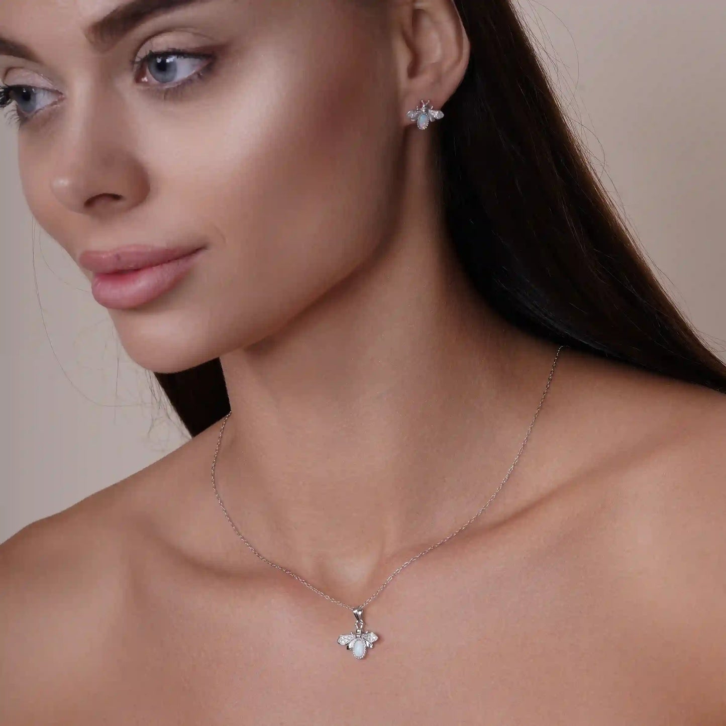 925 Sterling Silver Rhodium Plated Opal and Clear Bumblebee Earring and Pendant Set