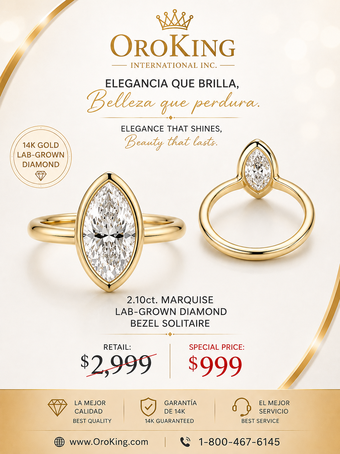 Women's 14K Gold Certified Lab-Grown Diamond Bezel Set Marquise Engagement Ring 2.10ct. TDW