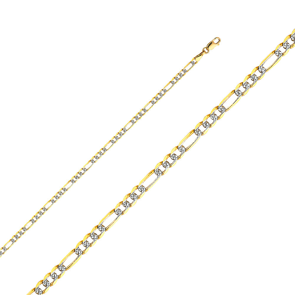 14K Gold 3.0mm 14K Solid Two-Tone Gold White Pave Light Figaro Link Chain Necklaces & Matching Bracelets