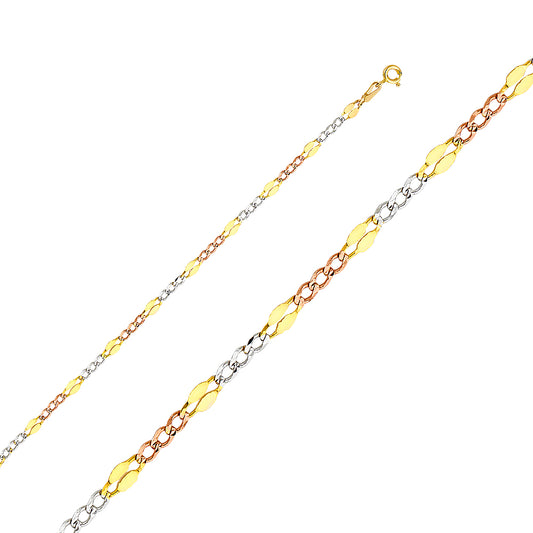 3.7mm 14K Solid Tri-Color Gold Stamped Figaro Chain Necklaces & Matching Bracelets