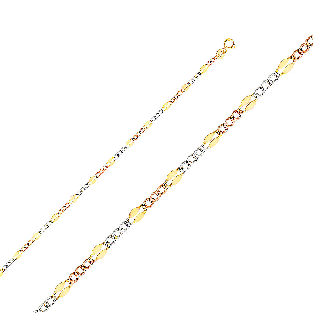 3.2mm 14K Solid Tri-Color Gold Stamped Figaro Chain Necklaces & Matching Bracelets