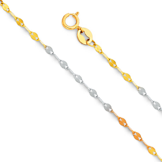 1.5mm 14K Solid Tri-Color Gold Mirror Chain Necklaces
