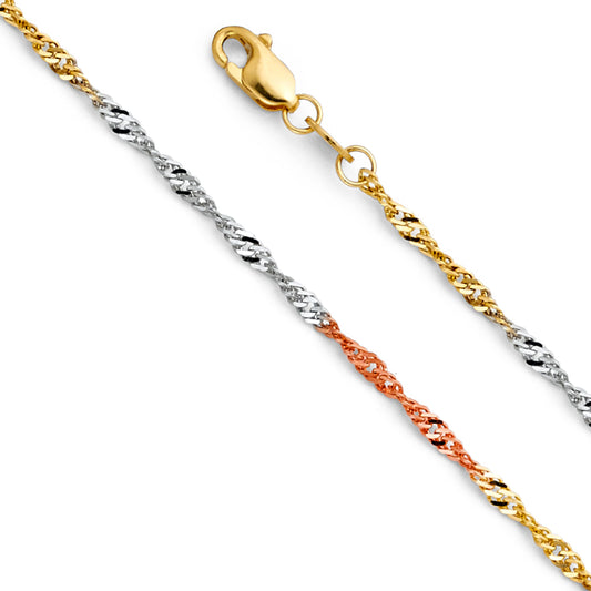 1.5mm 14K Solid Tri-Color Gold Singapore Chain Necklaces