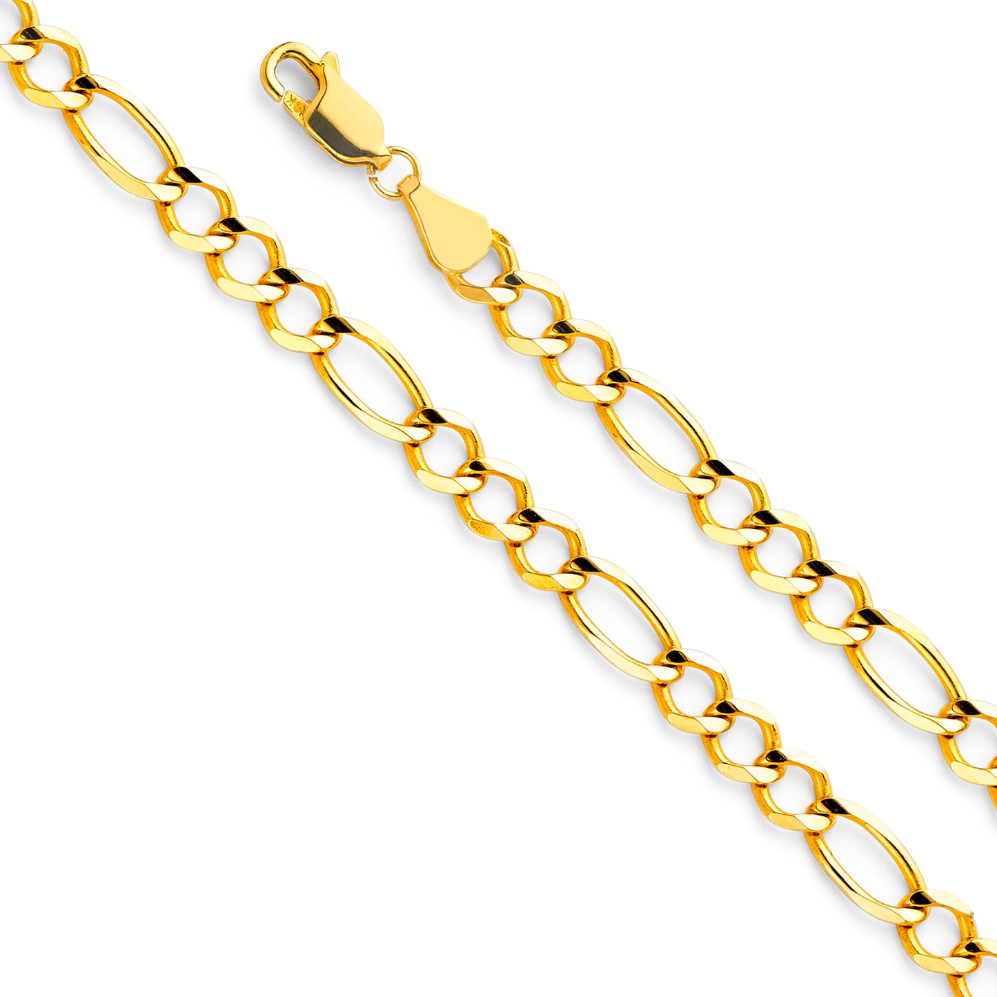 14K Gold 5.5mm 14K Solid Yellow Gold Concave Open Light Figaro Link Chain Necklaces & Matching Bracelets