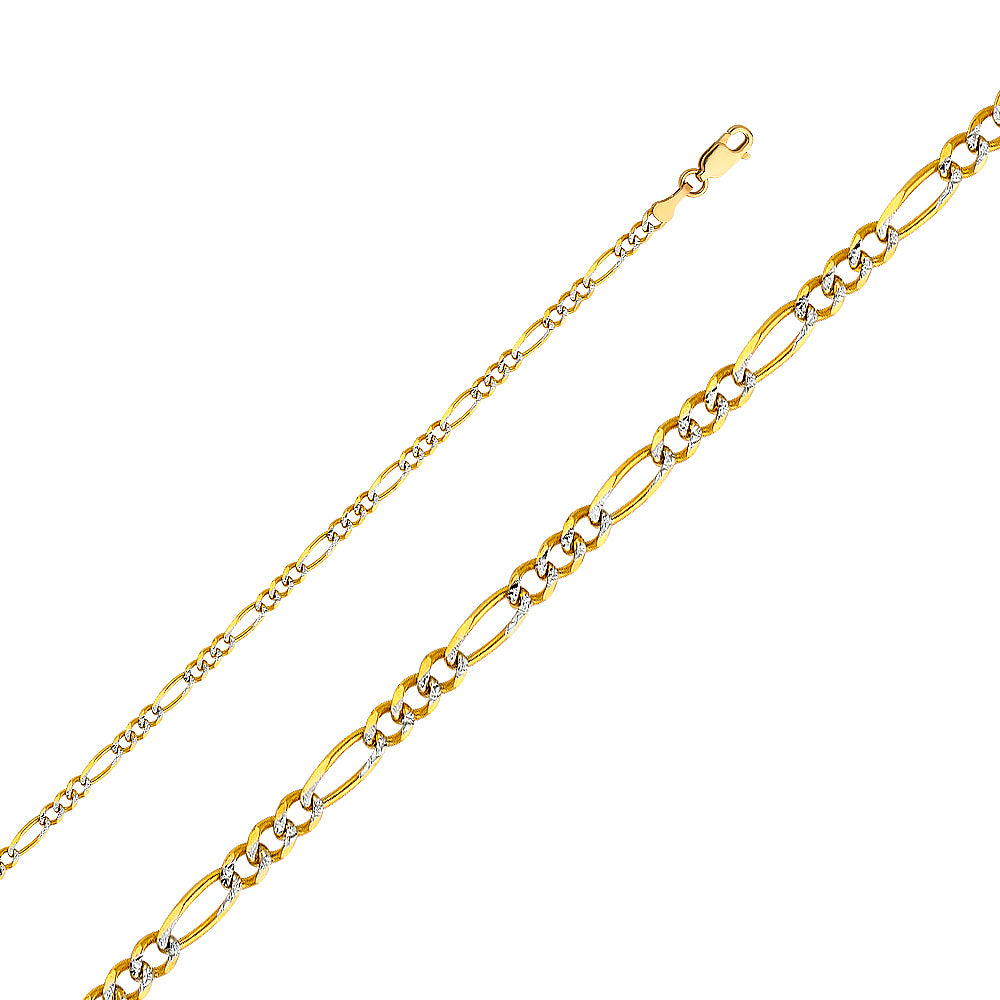 14K Gold 3.0mm 14K Solid Two-Tone Gold White Pave Light Figaro Link Chain Necklaces & Matching Bracelets