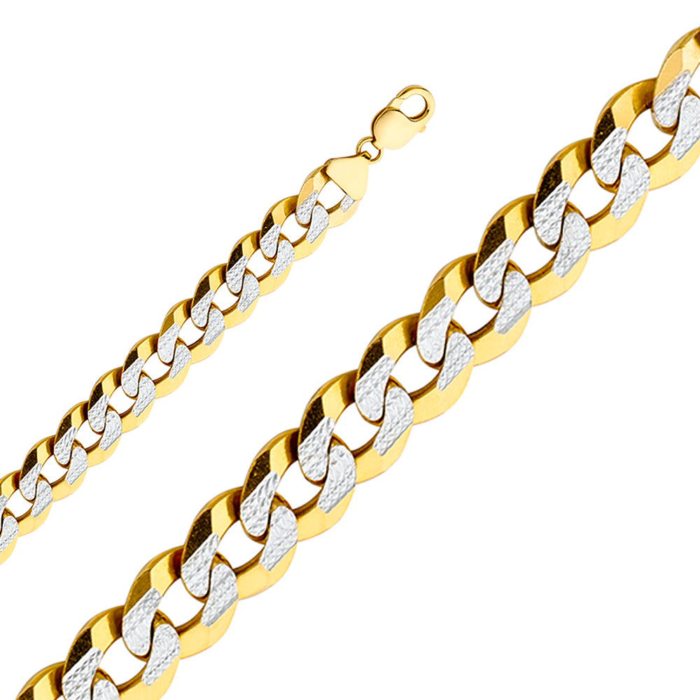 14K Gold 14mm 14K Solid Two-Tone Gold White Pave Concave Cuban / CurbLink Chain Necklaces & Matching Bracelets