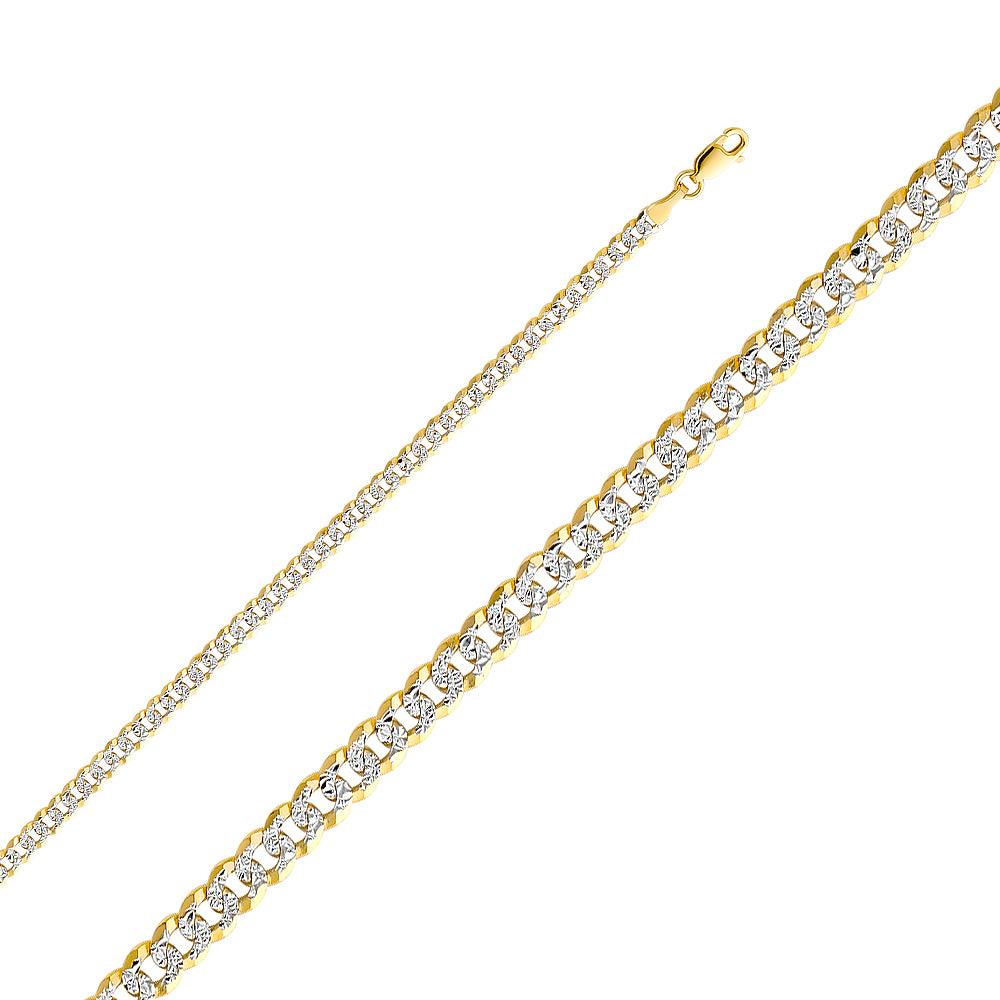 14K Gold 4.0mm 14K Solid Two-Tone Gold White Pave Concave Cuban / CurbLink Chain Necklaces & Matching Bracelets