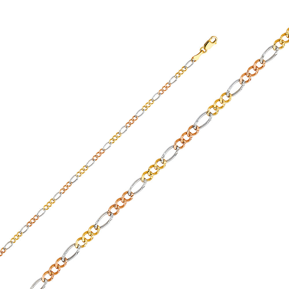 2.5mm 14K Solid Tri-Color Gold Concave Figaro Chain Necklaces & Matching Bracelets