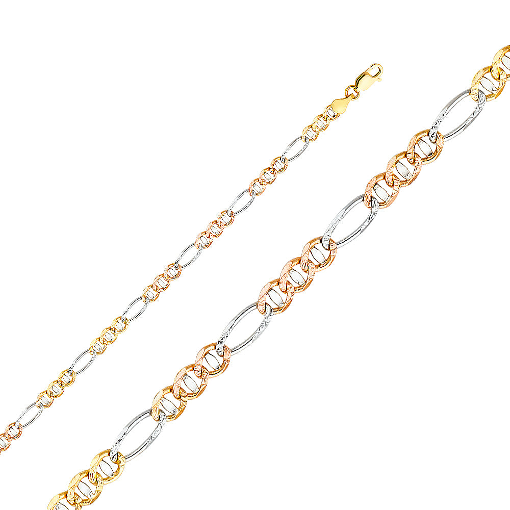 4.0mm 14K Solid Tri-Color Gold Figarucci DC Chain Necklaces & Matching Bracelets