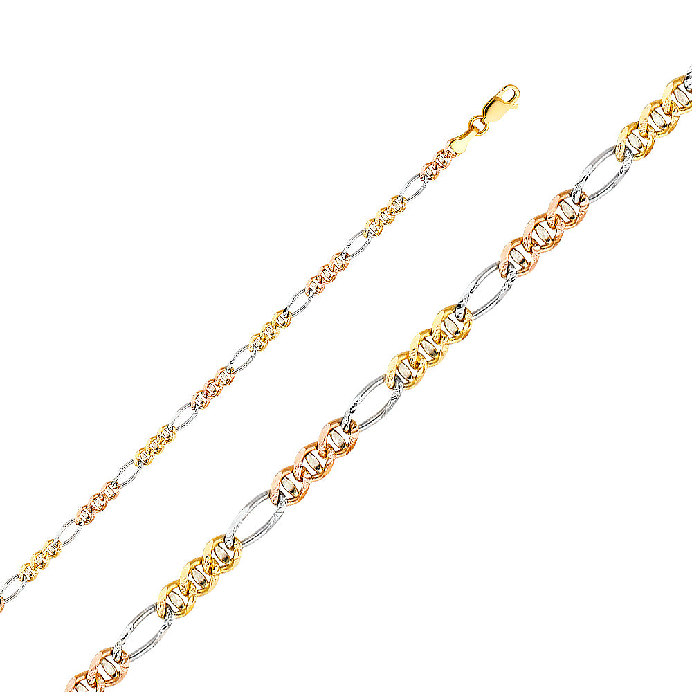 3.0mm 14K Solid Tri-Color Gold Figarucci DC Chain Necklaces & Matching Bracelets