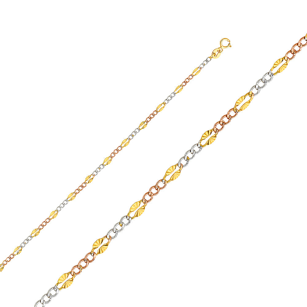 3.2mm 14K Solid Tri-Color Gold Stamped Star DC Figaro Chain Necklaces & Matching Bracelets