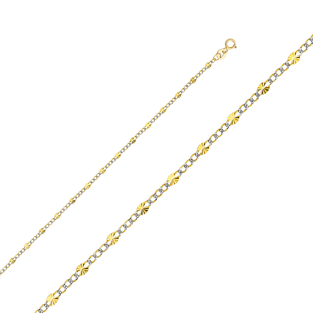 14K Gold 2.5mm 14K Solid Two-Tone Gold Stamped Diamond Cut Figaro Chain Necklaces & Matching Bracelets
