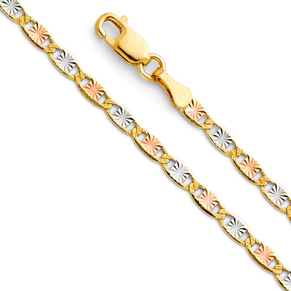 14K Gold 2.5mm 14K Solid Tri-Color Gold Valentino Star DC Chain Necklaces & Matching Bracelets
