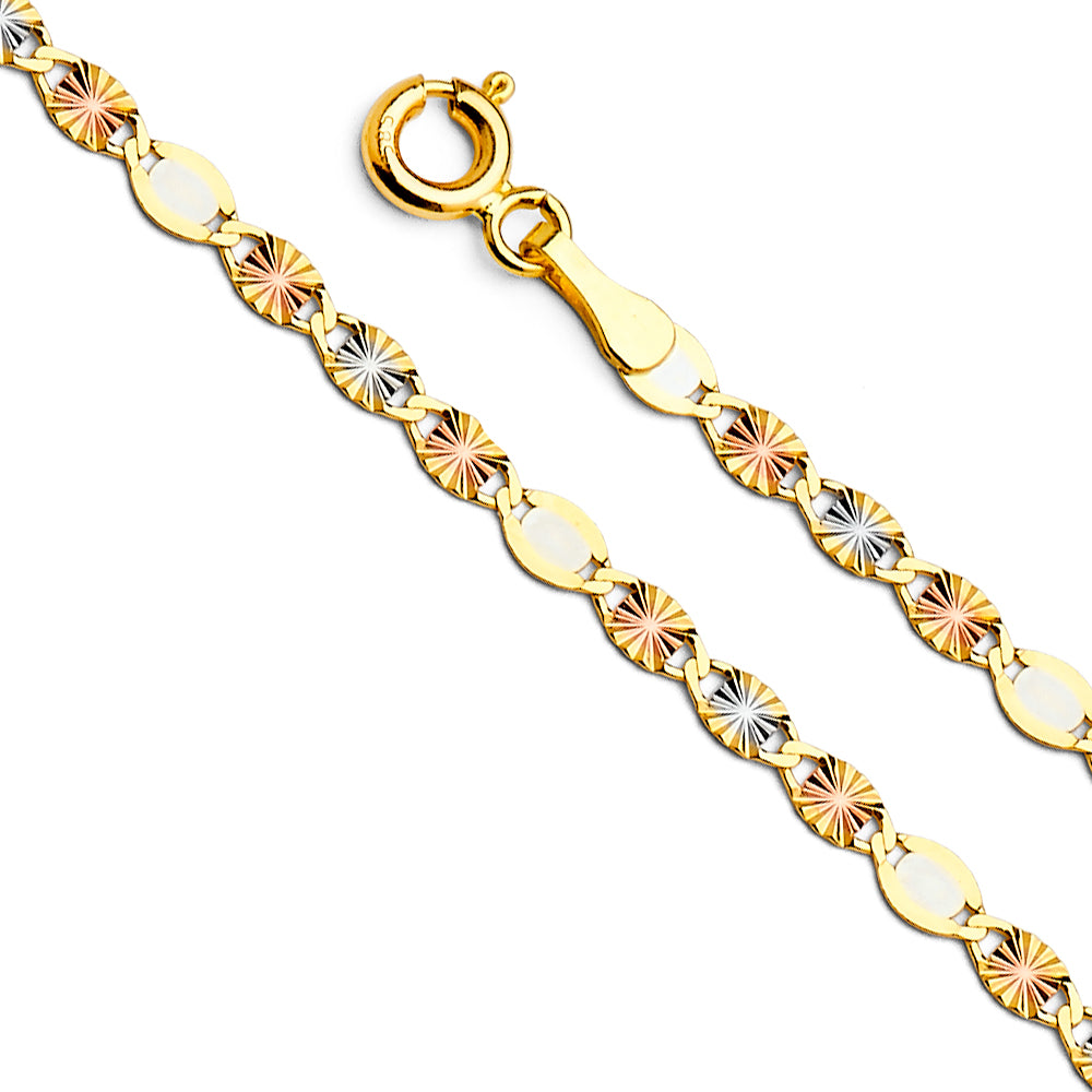 14K Gold 3.0mm 14K Solid Tri-Color Gold Valentino Star DC Chain Necklaces & Matching Bracelets