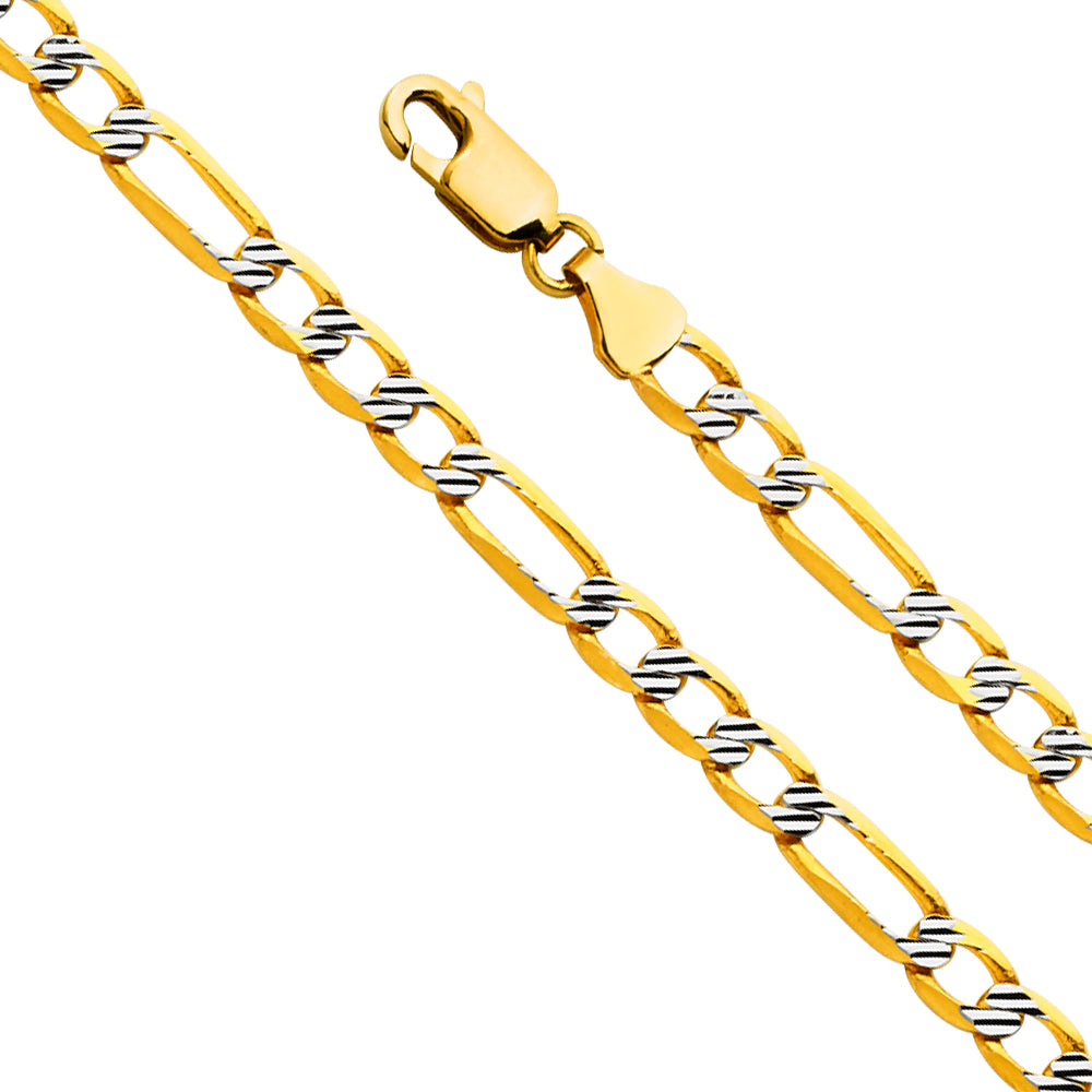 14K Gold 4.7mm 14K Solid Two-Tone Fancy Diamond Cut Figaro Link Chain Necklaces & Matching Bracelets