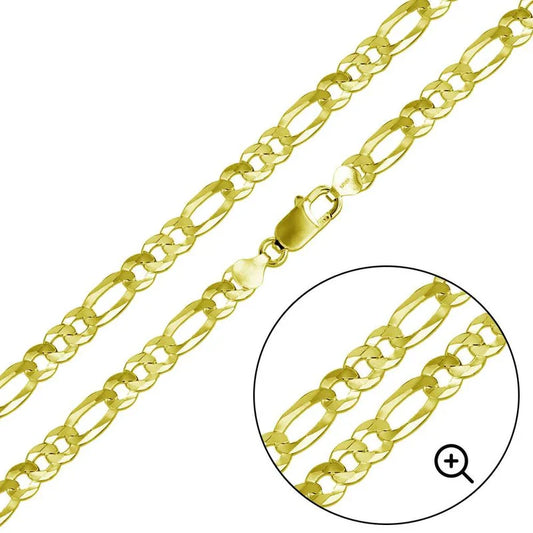 925 Sterling Silver Gold Plated Super Flat Figaro 200 Chain or Bracelet 8.9mm