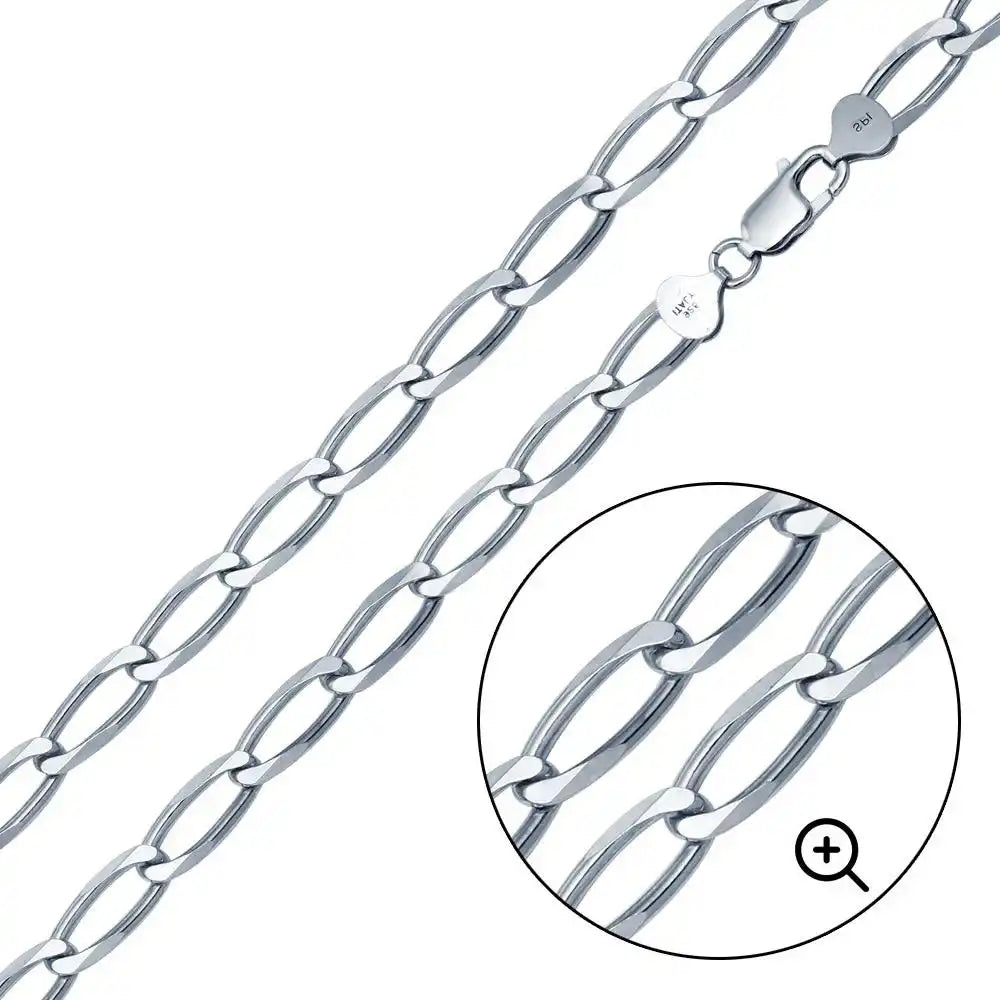 925 Sterling Silver Platinum Plated Open Link Six Sided Diamond Cut Chain